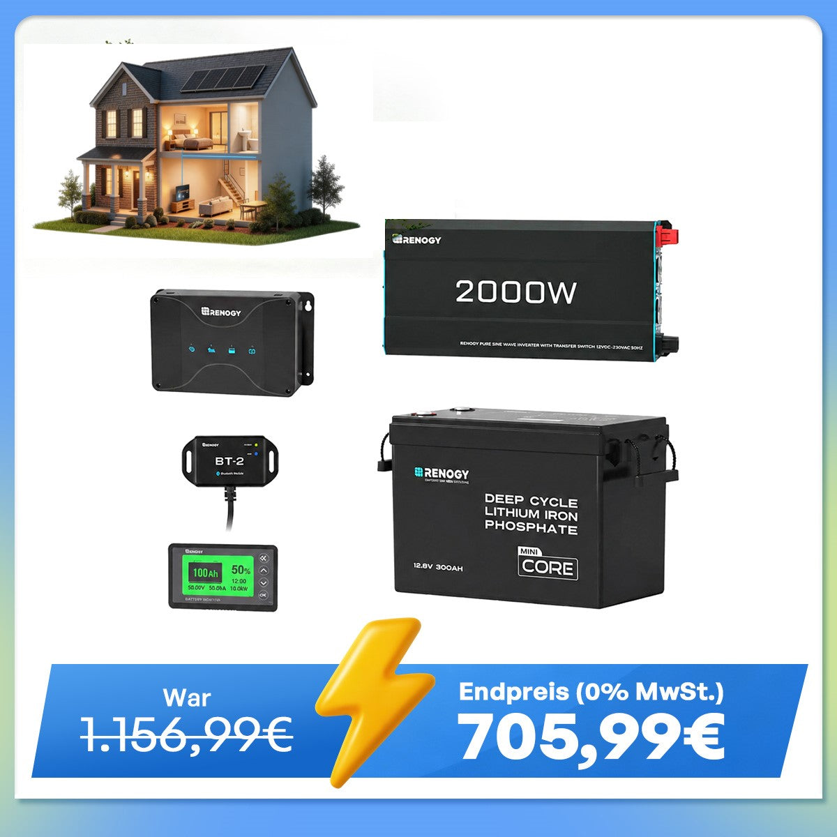 3,84kWh Wohnmobil Power Solaranlage| 2000W Wechselrichter, 50A Batterladegerät