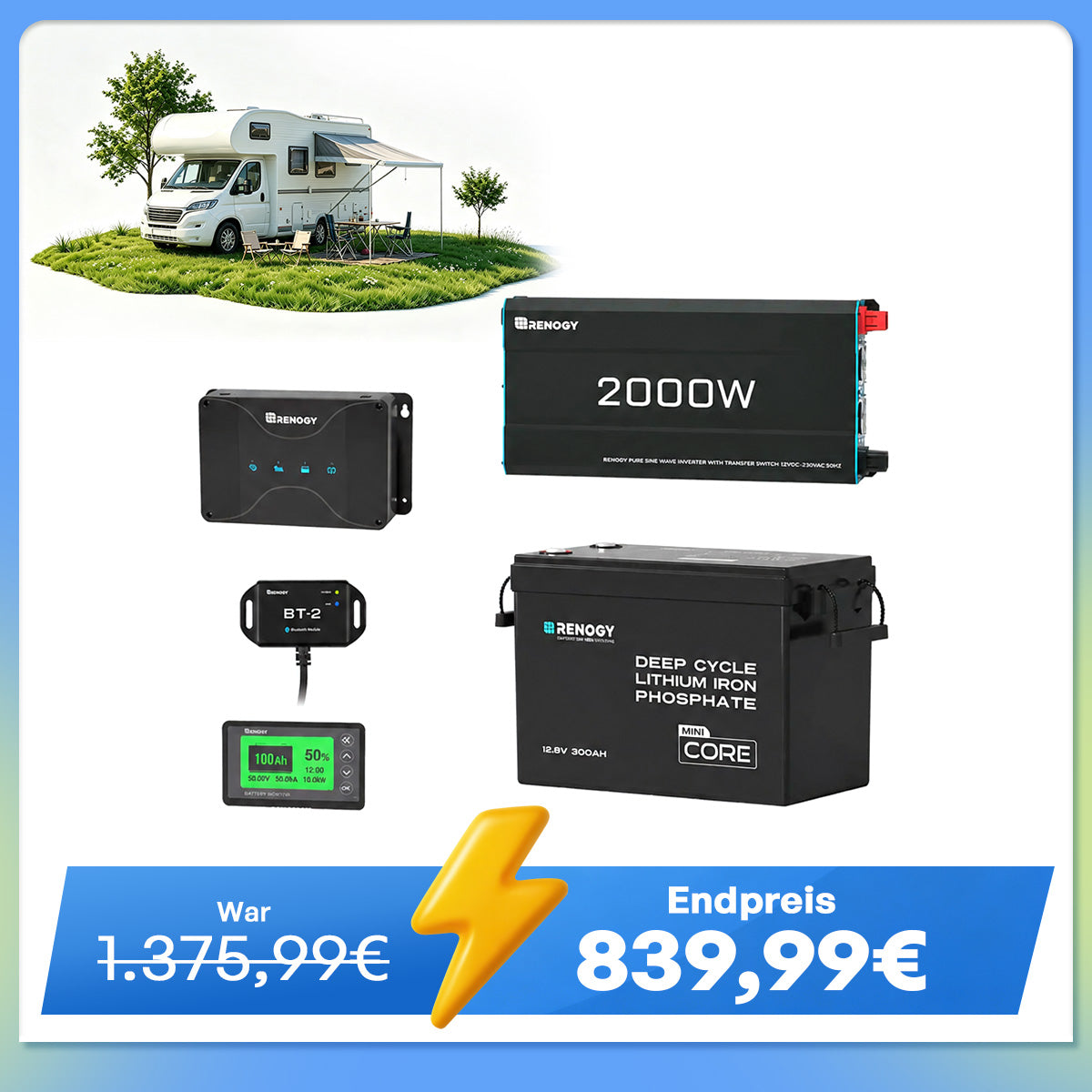 3,84kWh Wohnmobil Power Solaranlage| 2000W Wechselrichter, 50A Batterladegerät