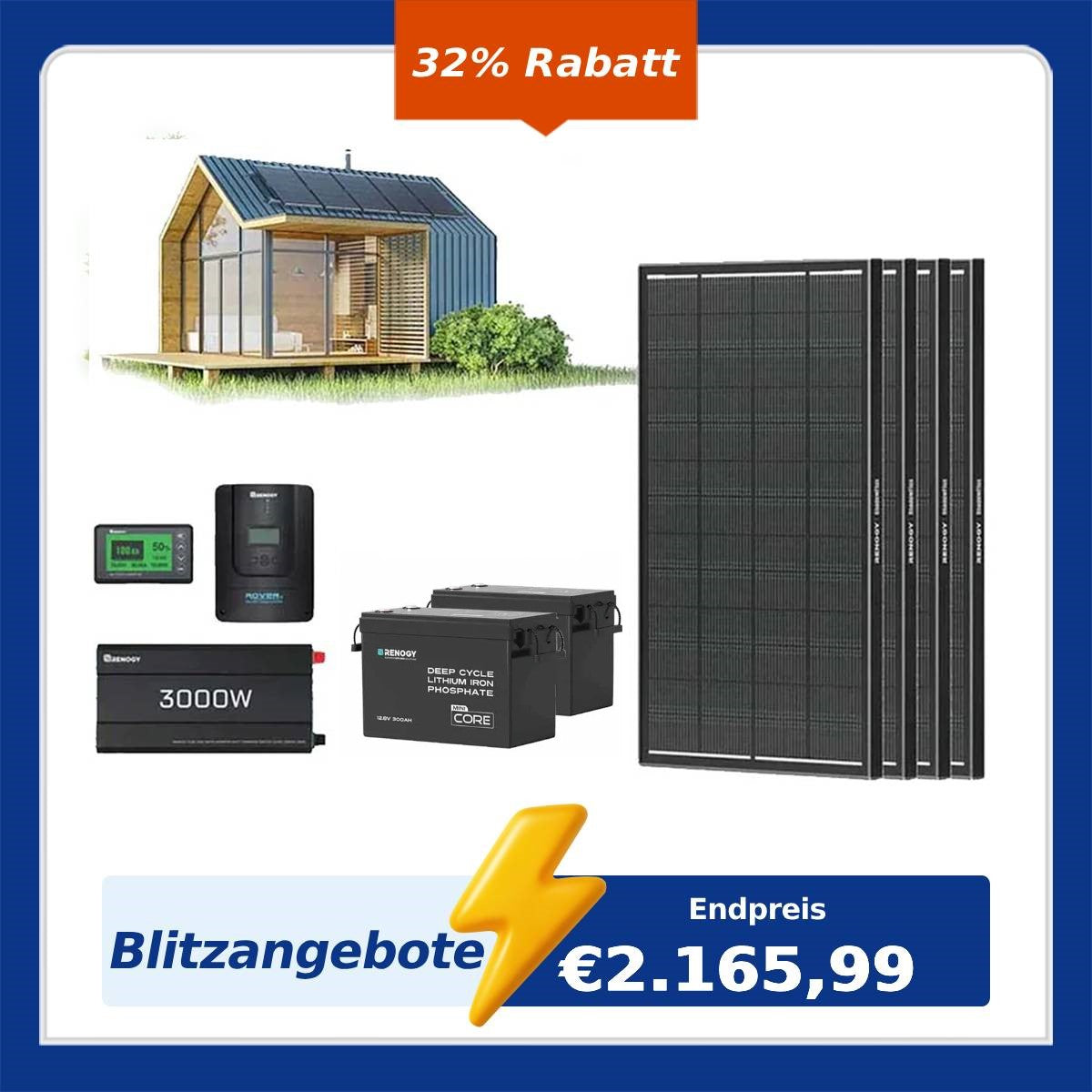 7,68 kWh Off-Grid Solaranlage| 3000W Wechselrichter, 60A MPPT Laderegler
