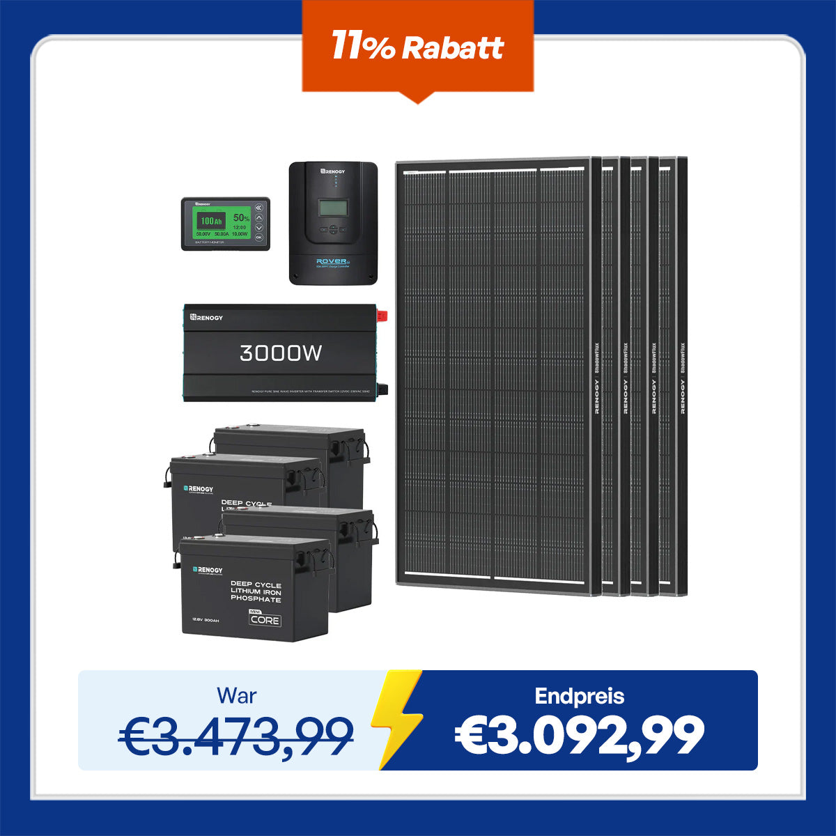 15.36kWh Off-Grid Solaranlage| 3000W Wechselrichter, 60A MPPT Laderegler
